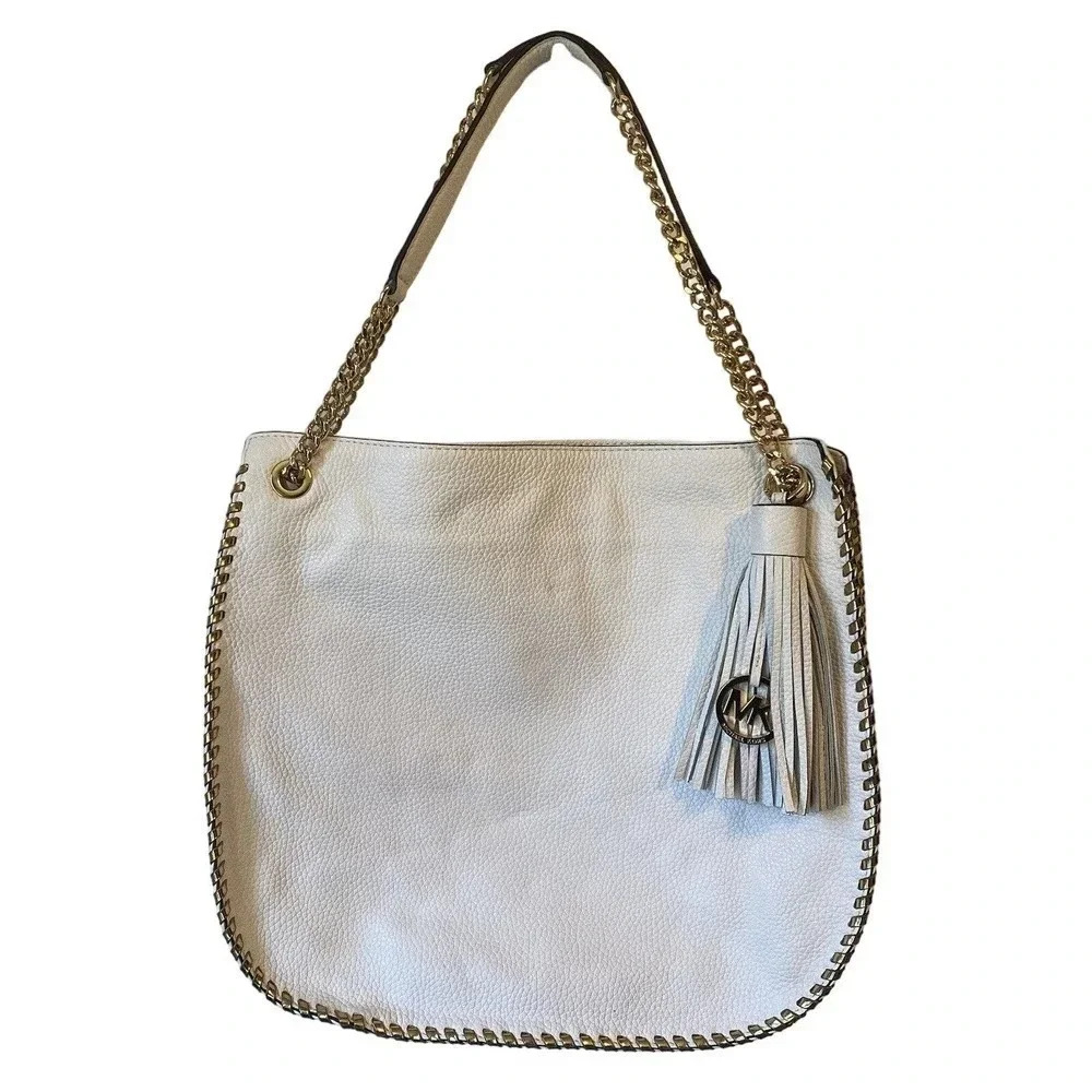 NWT WD Michael Kors White Leather Whipped Chelsea LG DK Gold Chain Shoulder